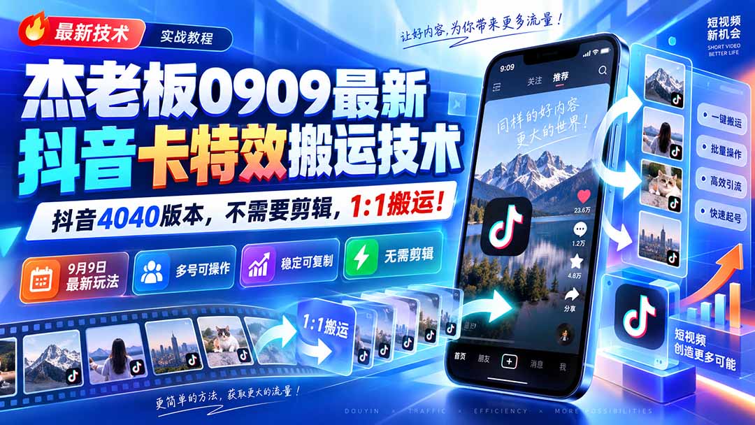 (20369期)杰老板0909最新抖音卡特效搬运技术,抖音4040版本,不需要剪辑,1:1搬运!-子比支付