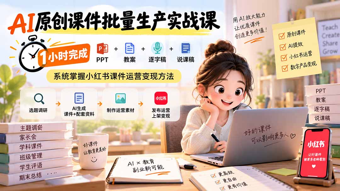 （20351期）AI原创课件批量生产实战课：1小时完成PPT+教案+逐字稿+说课稿，系统掌握小红书课件运营变现方法-子比支付