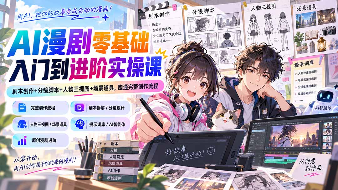 (20352期)AI漫剧零基础入门到进阶实操课:剧本创作+分镜脚本+人物三视图+场景道具,跑通完整创作流程-子比支付