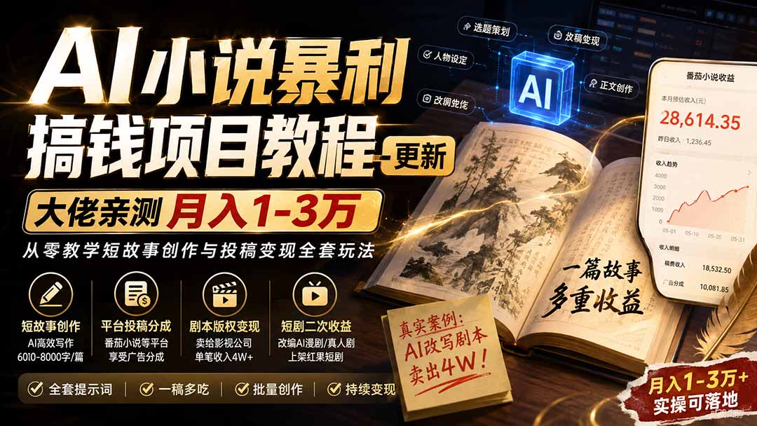 （20357期）AI小说短故事暴利搞钱项目教程-更新，大佬亲测月入1-3万，从零教学短故事创作与投稿变现全套玩法-子比支付