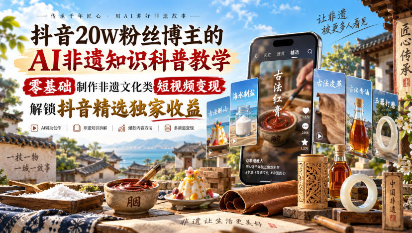 抖音20W粉丝博主的AI非遗知识科普教学,零基础制作非遗文化类短视频变现,解锁抖音精选独家收益-子比支付
