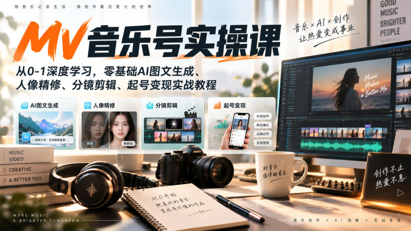 AI MV音乐号实操课,从0-1深度学习,零基础AI图文生成、人像精修、分镜剪辑、起号变现实战教程-子比支付