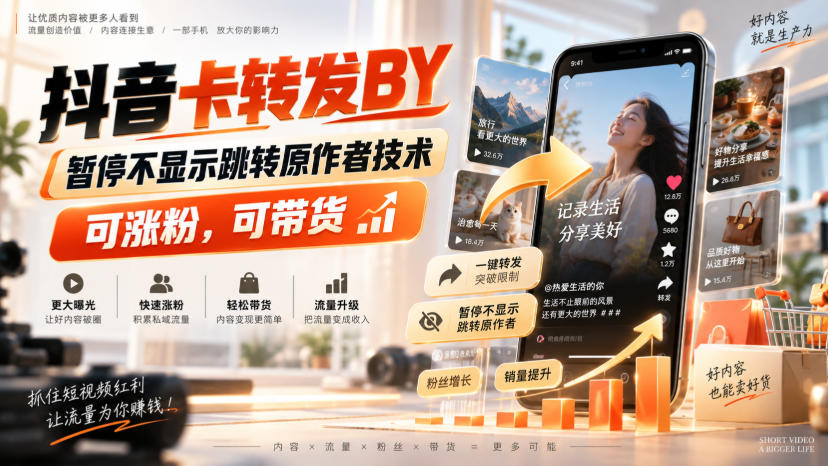 抖音卡转发搬运,暂停不显示跳转原作者技术,可涨粉,可带货-子比支付