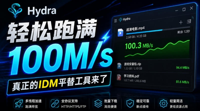 轻松跑满100M/s,真正的IDM平替工具来了,开源多线程器,支持浏览器拓展,一键智能加速Hydra Download Manager-子比支付